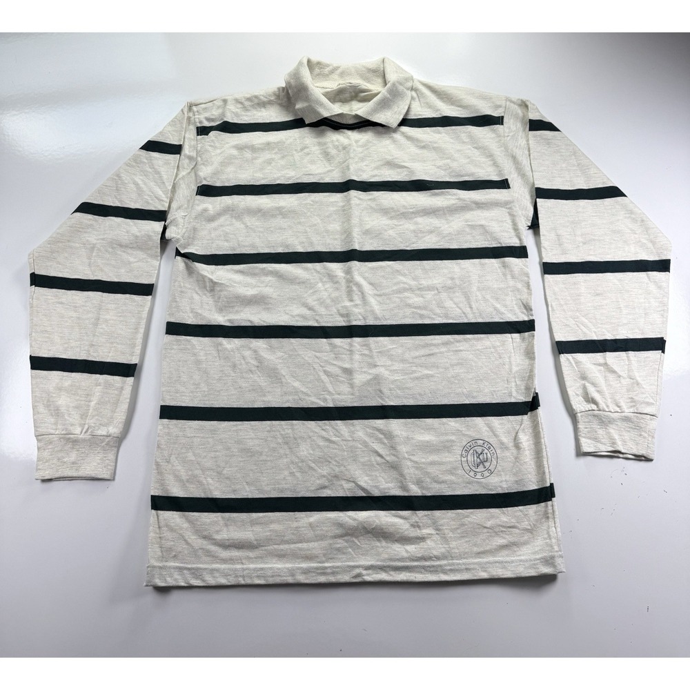 Vintage 90s Calvin Klein stripe Rugby Shirt Medium‎ Beige black long sleeve